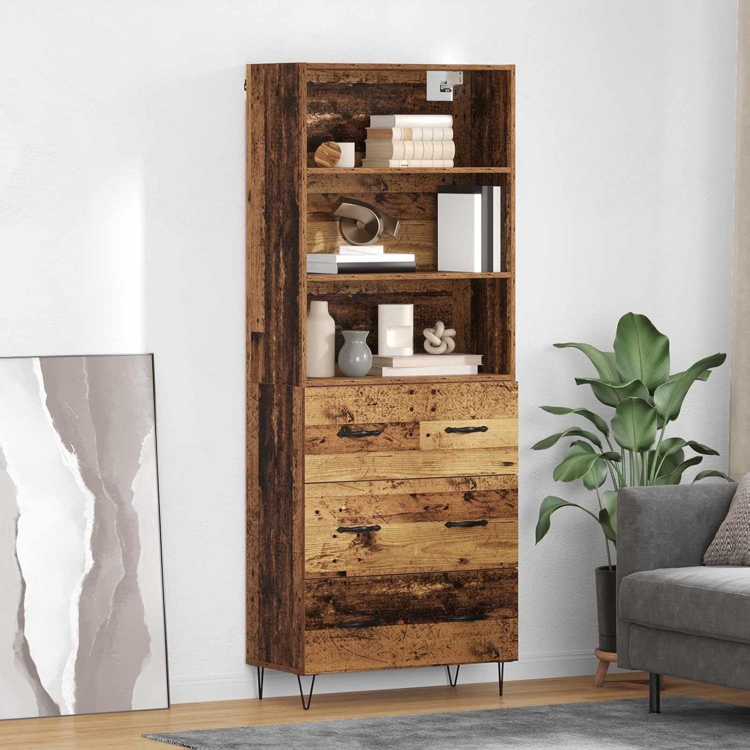 Armoire haute de rangement avec tiroirs en finition bois vieilli, idéale pour salon, bureau, couloir ou salle à manger