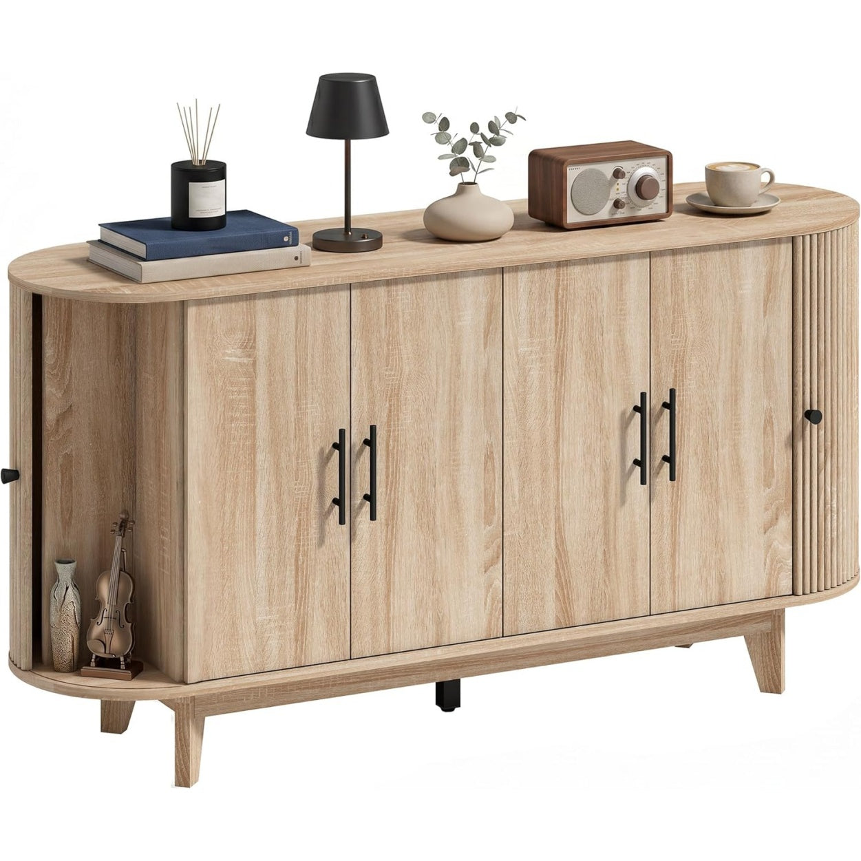 Buffet ovale 6 portes avec 2 etageres reglables, meuble TV jusqua 65 pouces, decor chene