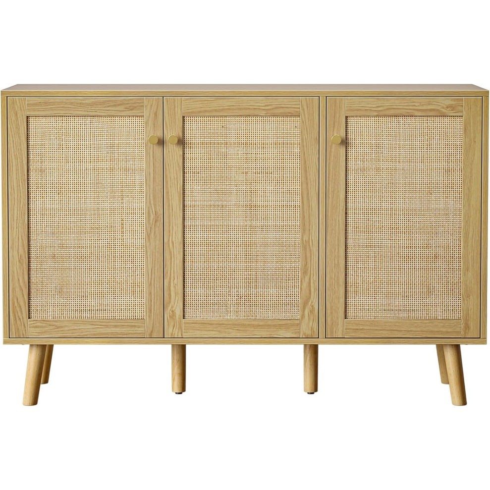 Buffet en bois avec 3 portes en cannage et étagères réglables, meuble de rangement 120 x 40 x 82 cm pour salon ou salle à manger