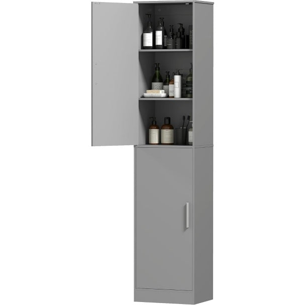 Colonne de rangement étroite avec deux portes et quatre étagères réglables, finition grise