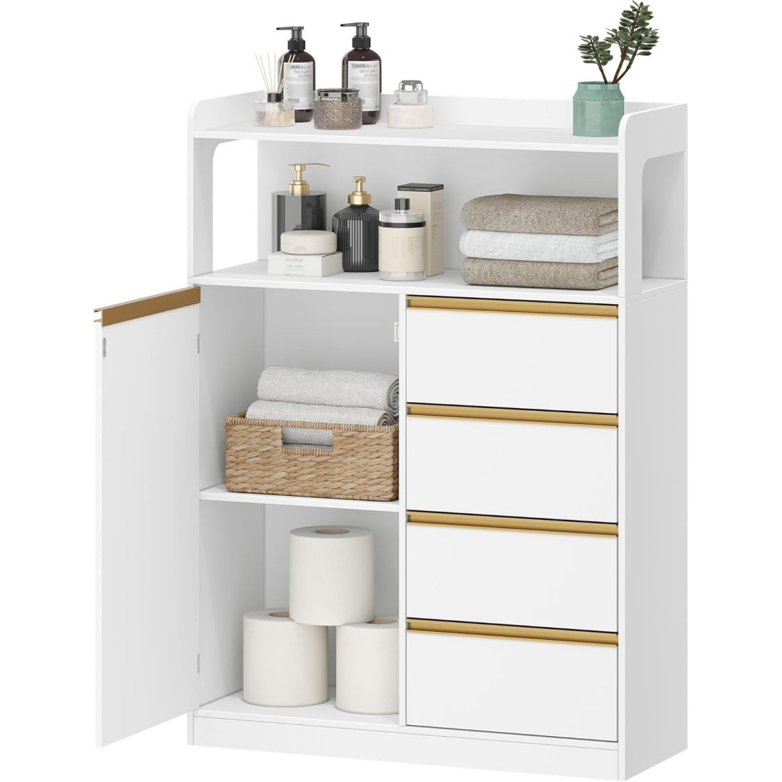 Armoire de salle de bain avec 4 tiroirs, étagères réglables et grand espace de rangement, meuble 30 x 80 x 110 cm, blanc