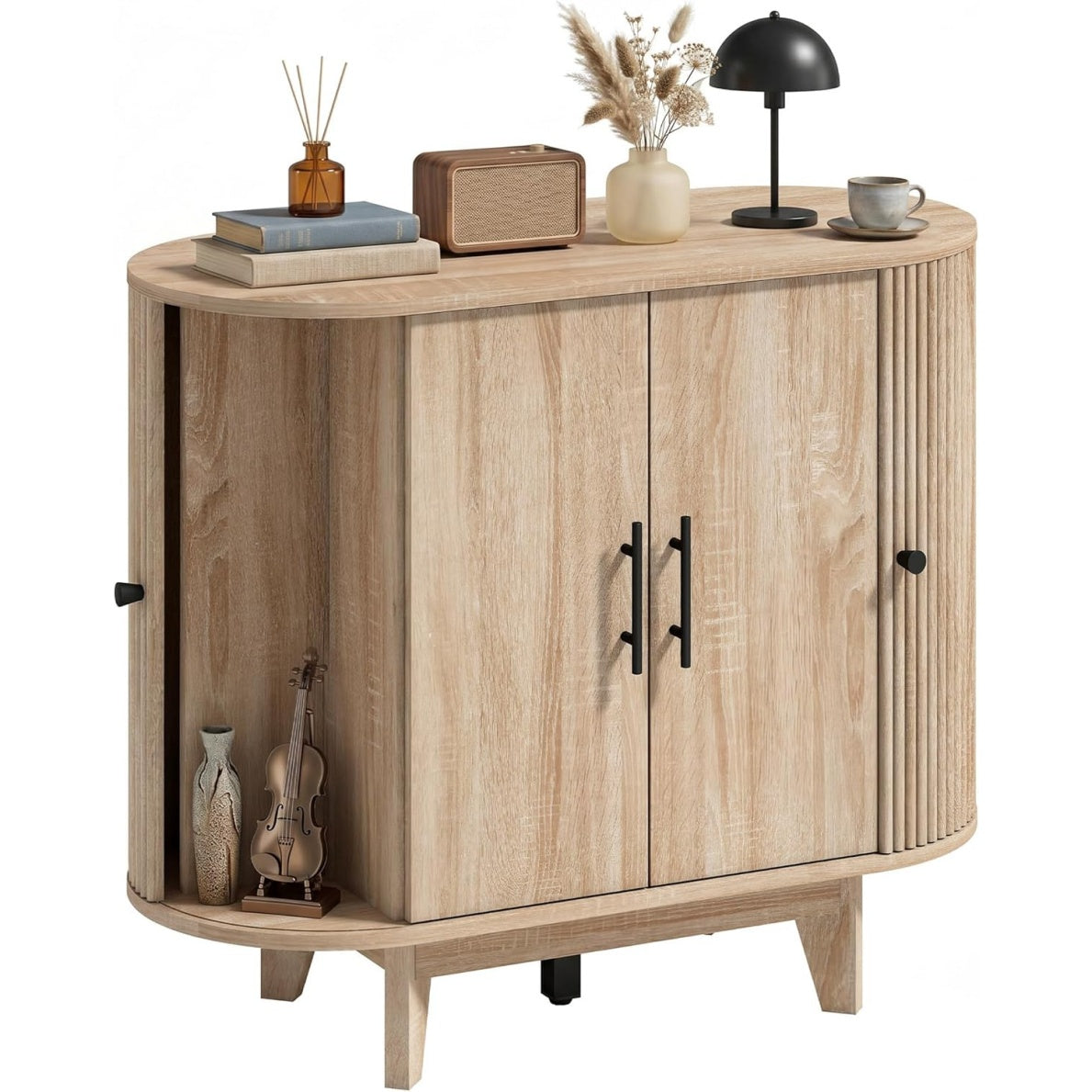 Buffet ovale avec 4 portes et étagère réglable, meuble de rangement moderne 90 x 40 x 76 cm, finition chêne