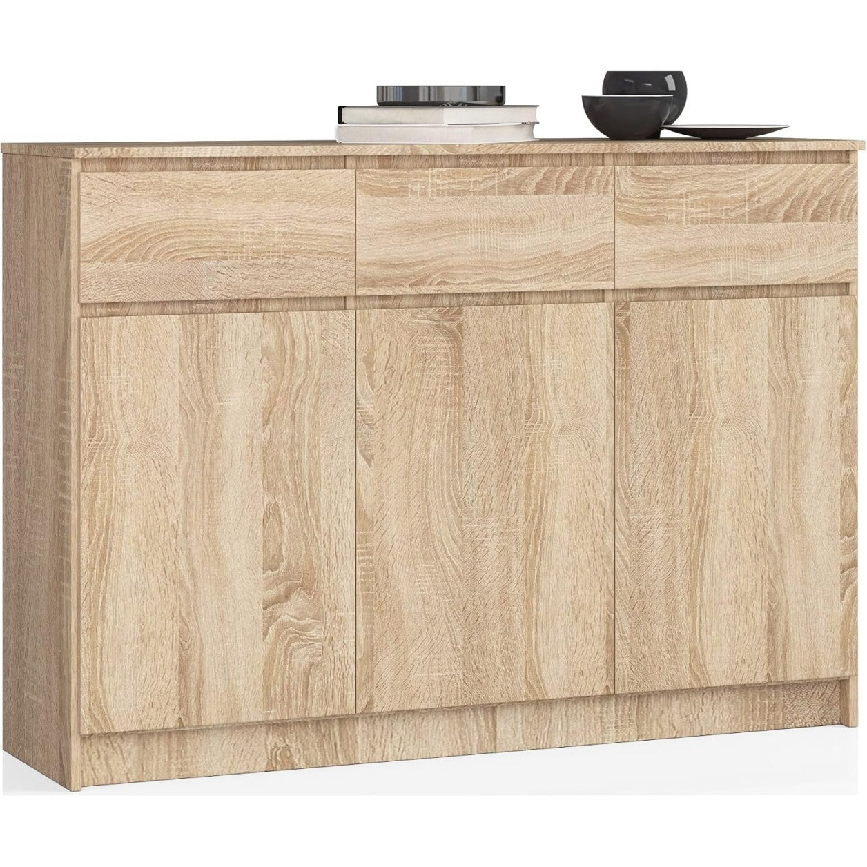 Commode contemporaine avec trois portes et trois tiroirs offrant un grand espace de rangement