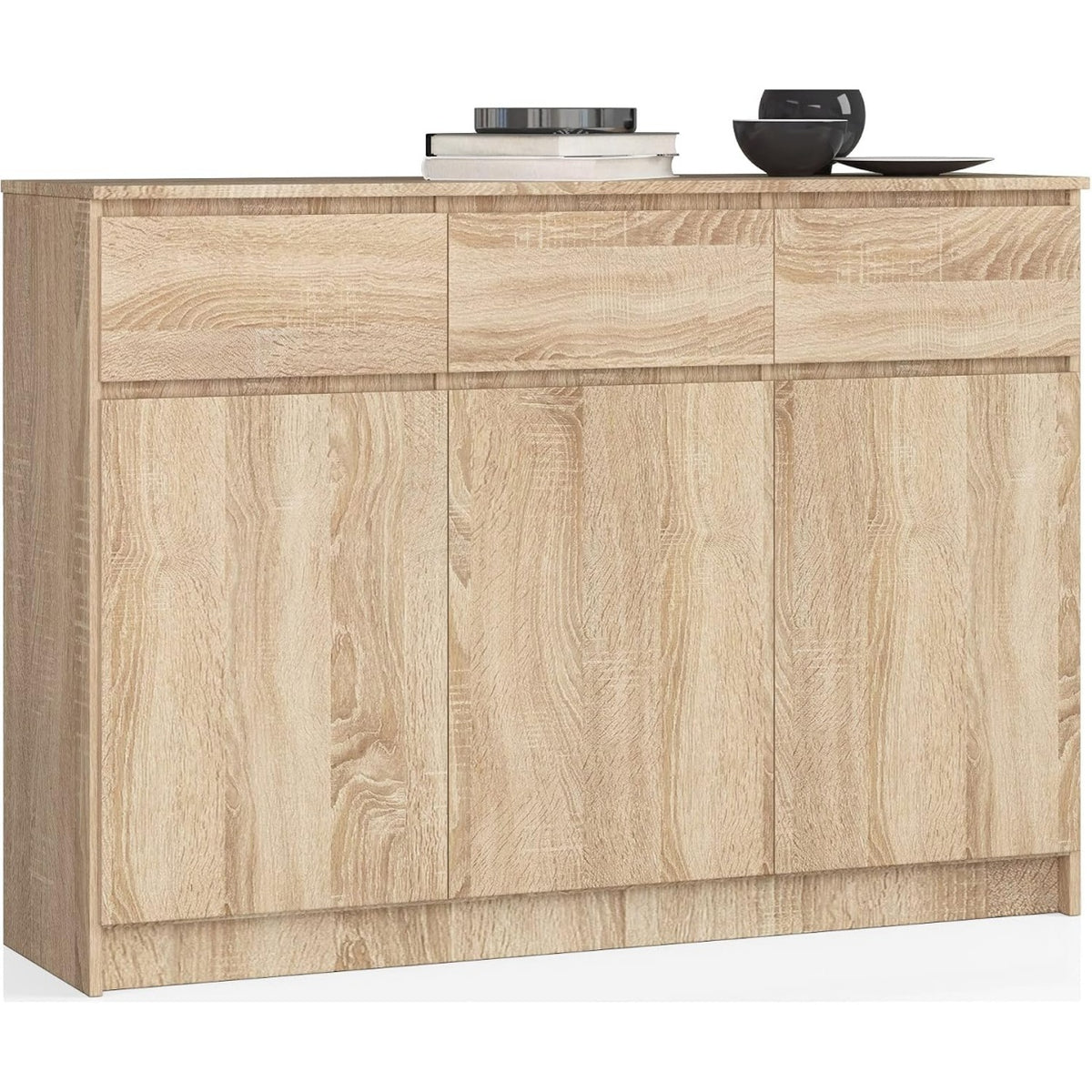 Commode contemporaine avec trois portes et trois tiroirs offrant un grand espace de rangement