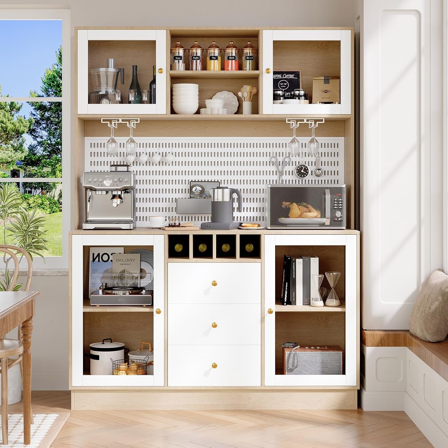 Buffet haut de cuisine avec éclairage LED et multiples espaces de rangement pour salon ou salle à manger