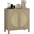 Buffet boheme avec deux portes effet rotin et tablette reglable, meuble de rangement 75 x 38 x 77 cm, bois naturel