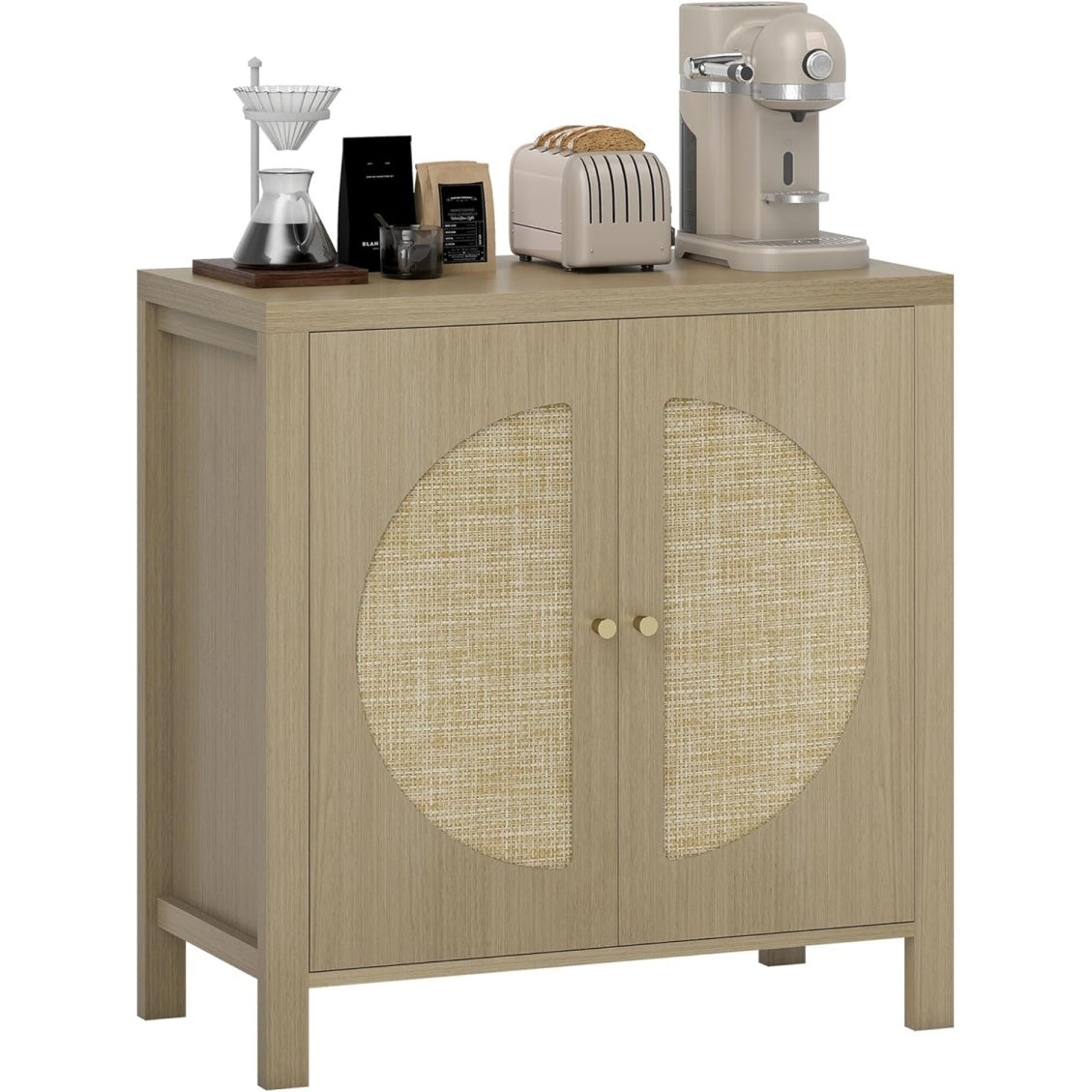 Buffet boheme avec deux portes effet rotin et tablette reglable, meuble de rangement 75 x 38 x 77 cm, bois naturel