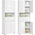 Colonne de rangement 170 cm avec 2 tiroirs, étagères réglables et compartiments, armoire polyvalente pour salle de bain ou salon, blanc