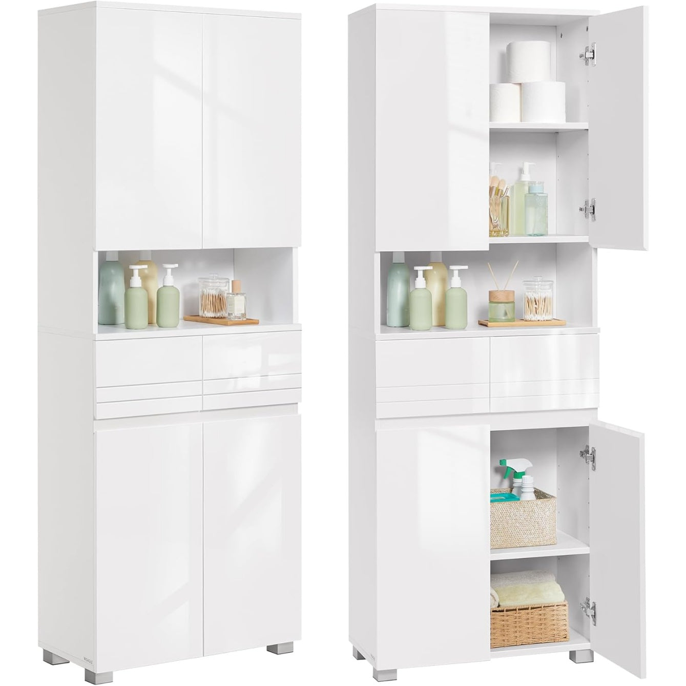 Colonne de rangement 170 cm avec 2 tiroirs, étagères réglables et compartiments, armoire polyvalente pour salle de bain ou salon, blanc