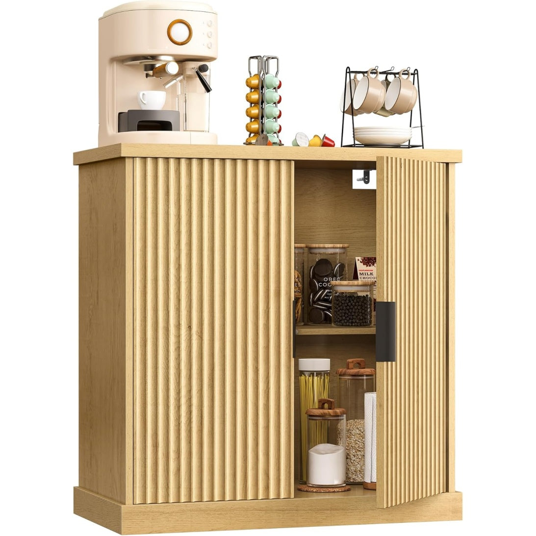 Buffet avec etageres reglables et portes cannelees, meuble de rangement pour cuisine ou salle a manger, beige chene