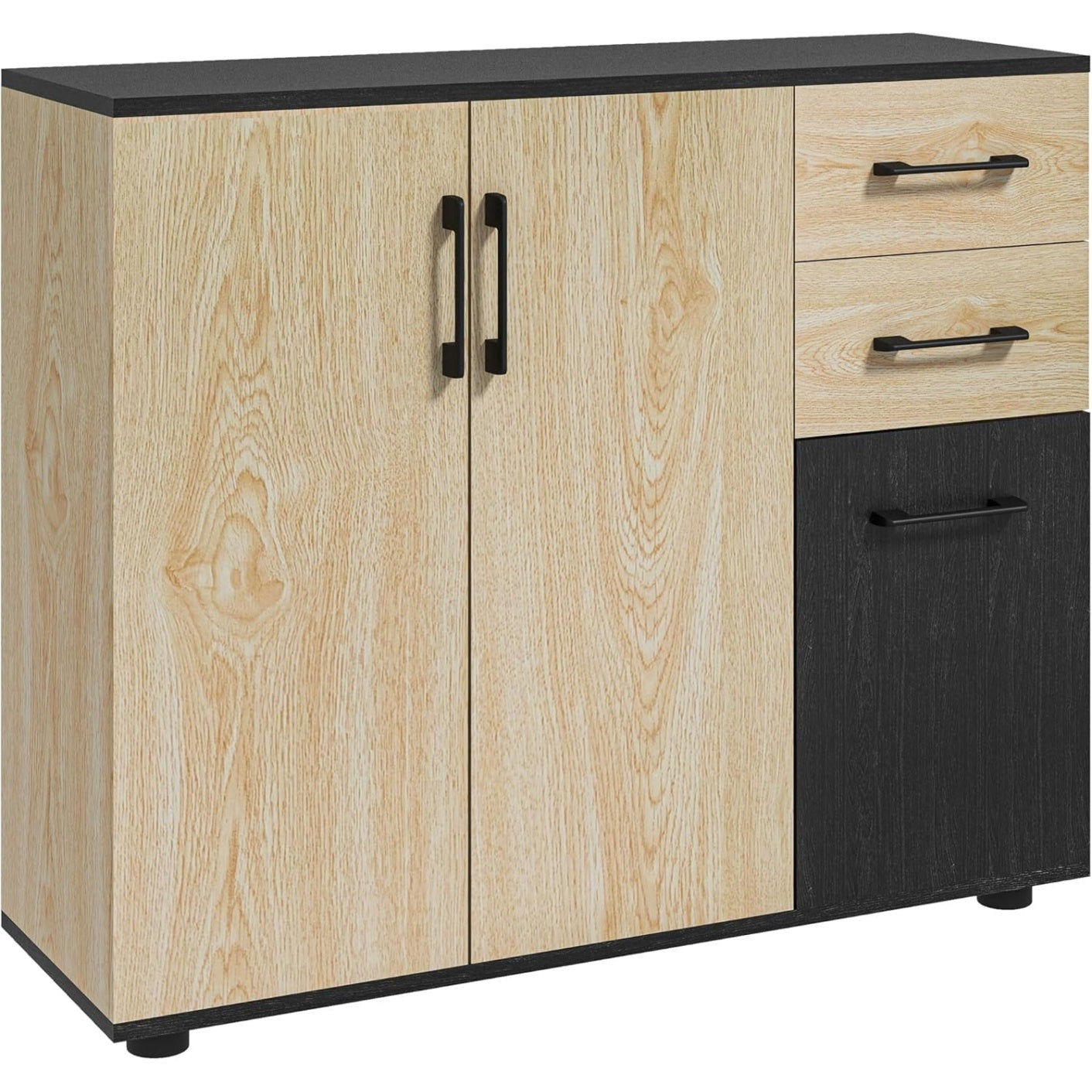 Buffet moderne avec 3 portes, 2 tiroirs et etagere reglable, meuble de rangement 90 x 30 x 75,5 cm, noir et bois naturel