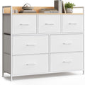 Commode industrielle avec 5 tiroirs en tissu, meuble de rangement compact pour entrée, salon ou couloir, blanc et chêne clair