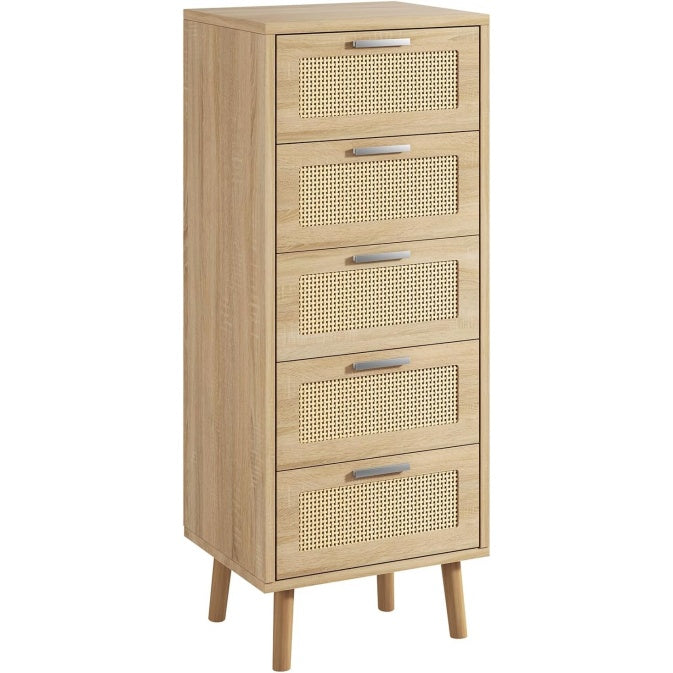 Commode en rotin avec 5 tiroirs, meuble de rangement en bois pour chambre, salon ou entrée, finition naturelle
