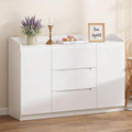 Commode blanche avec trois tiroirs, deux portes et grand espace de rangement, 140 cm