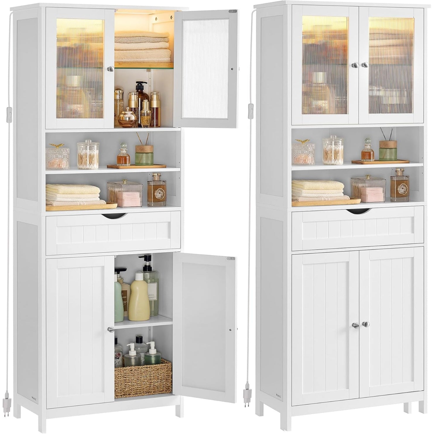 Armoire de rangement avec éclairage LED, tiroir, compartiments ouverts et étagères réglables, meuble polyvalent blanc