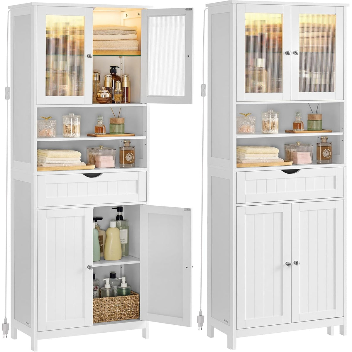 Armoire de rangement avec éclairage LED, tiroir, compartiments ouverts et étagères réglables, meuble polyvalent blanc