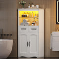 Armoire de salle de bain avec éclairage LED, deux tiroirs, deux portes et étagères réglables, finition blanche