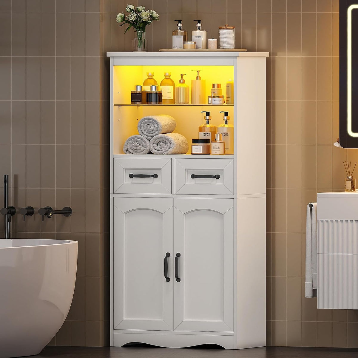 Armoire de salle de bain avec éclairage LED, deux tiroirs, deux portes et étagères réglables, finition blanche