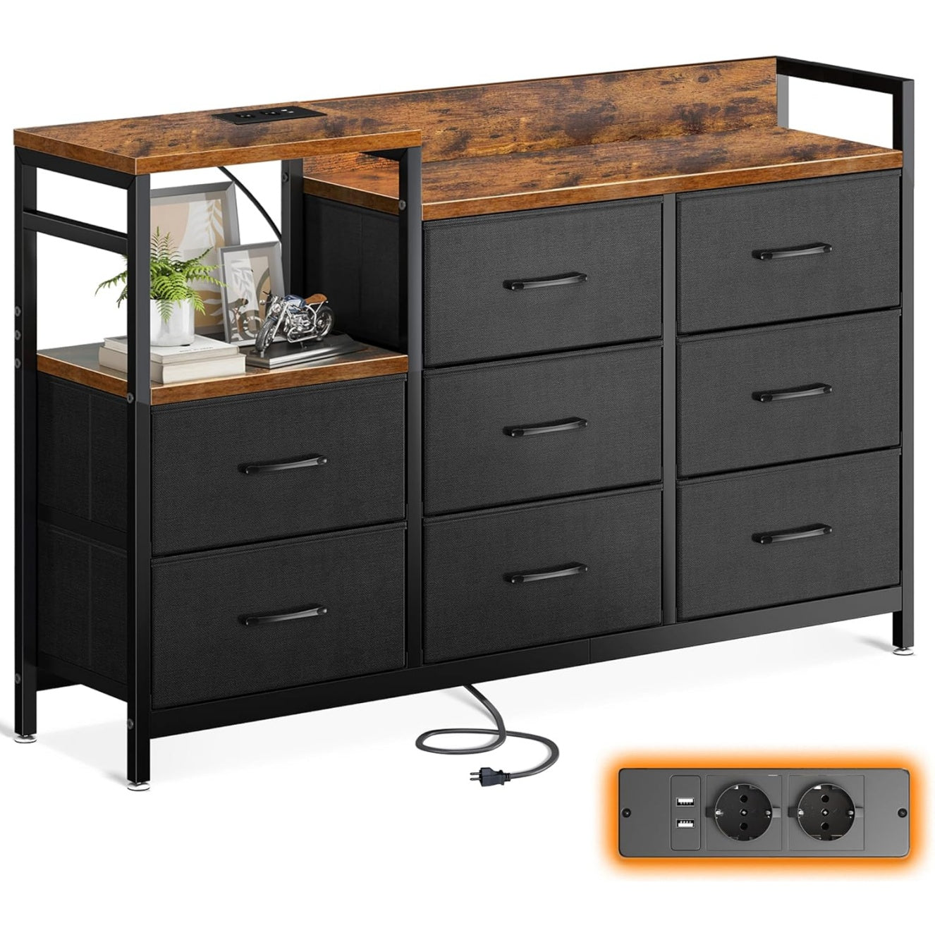 Commode vintage avec tiroirs, prises USB et AC integrees, meuble de rangement pour chambre, noir