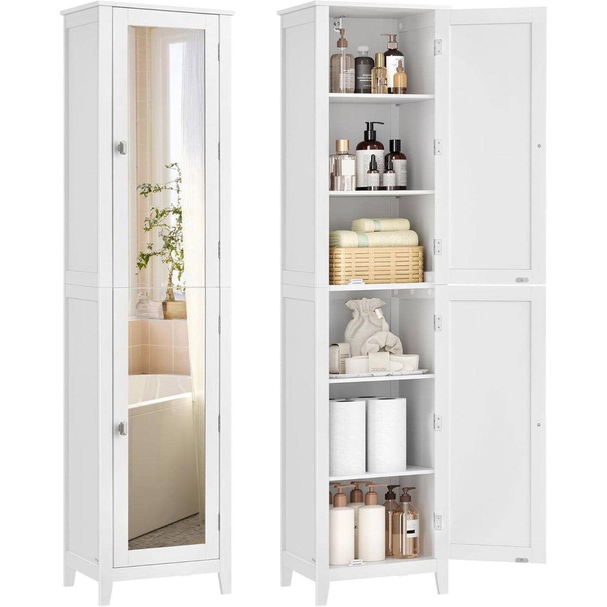 Armoire haute de salle de bain avec miroir pleine longueur et étagères réglables, meuble de rangement 30 x 40 x 160 cm, blanc