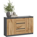 Commode multifonction moderne avec deux portes et trois tiroirs pour chambre, salon, bureau ou couloir en graphite et chêne Wotan