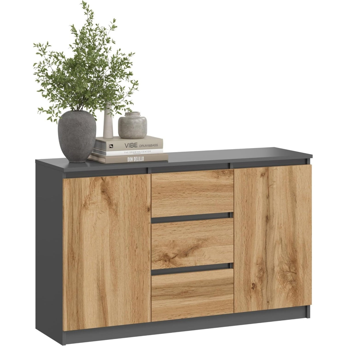 Commode multifonction moderne avec deux portes et trois tiroirs pour chambre, salon, bureau ou couloir en graphite et chêne Wotan