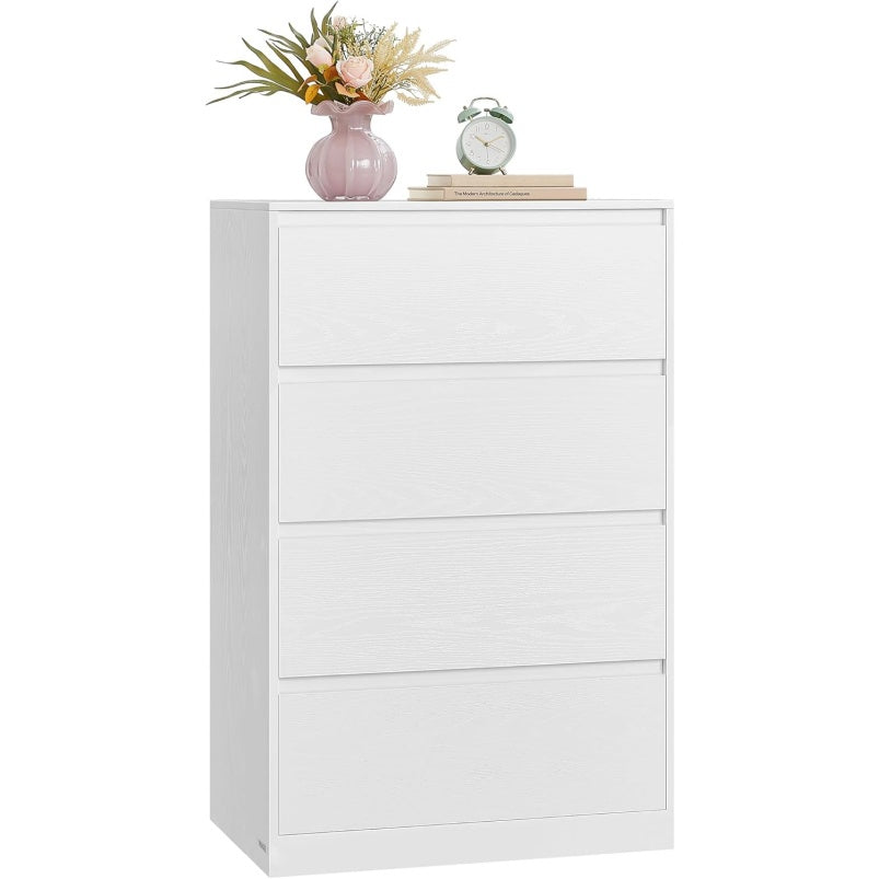 Commode moderne avec 4 tiroirs, meuble de rangement compact pour vêtements et accessoires, blanc neige