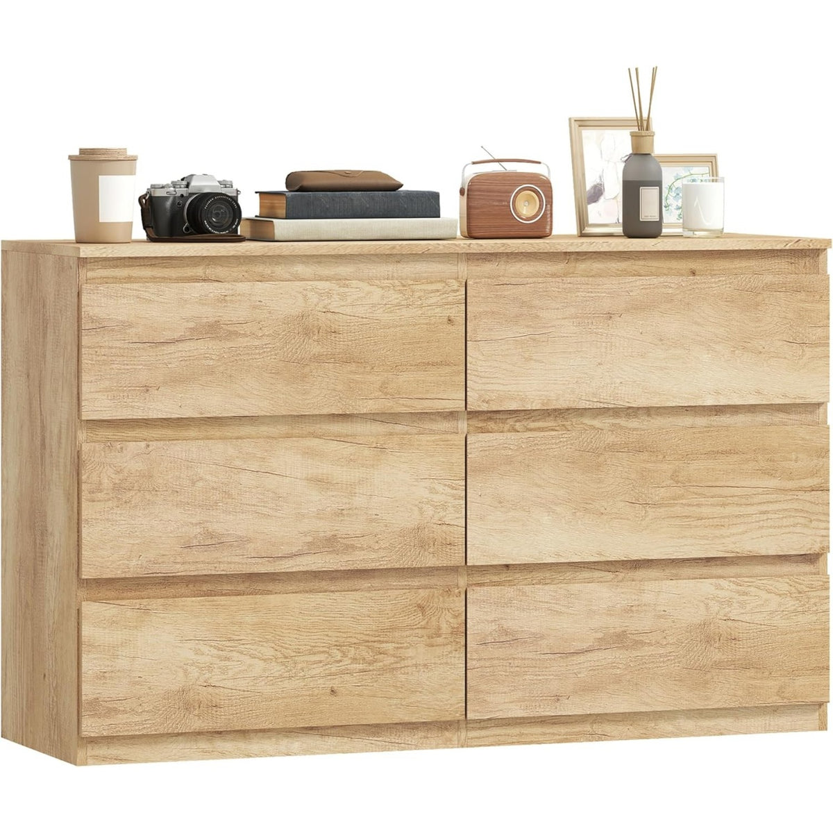 Commode moderne 120 cm avec 6 tiroirs sans poignées, meuble de rangement pour chambre, salon ou couloir, finition chêne