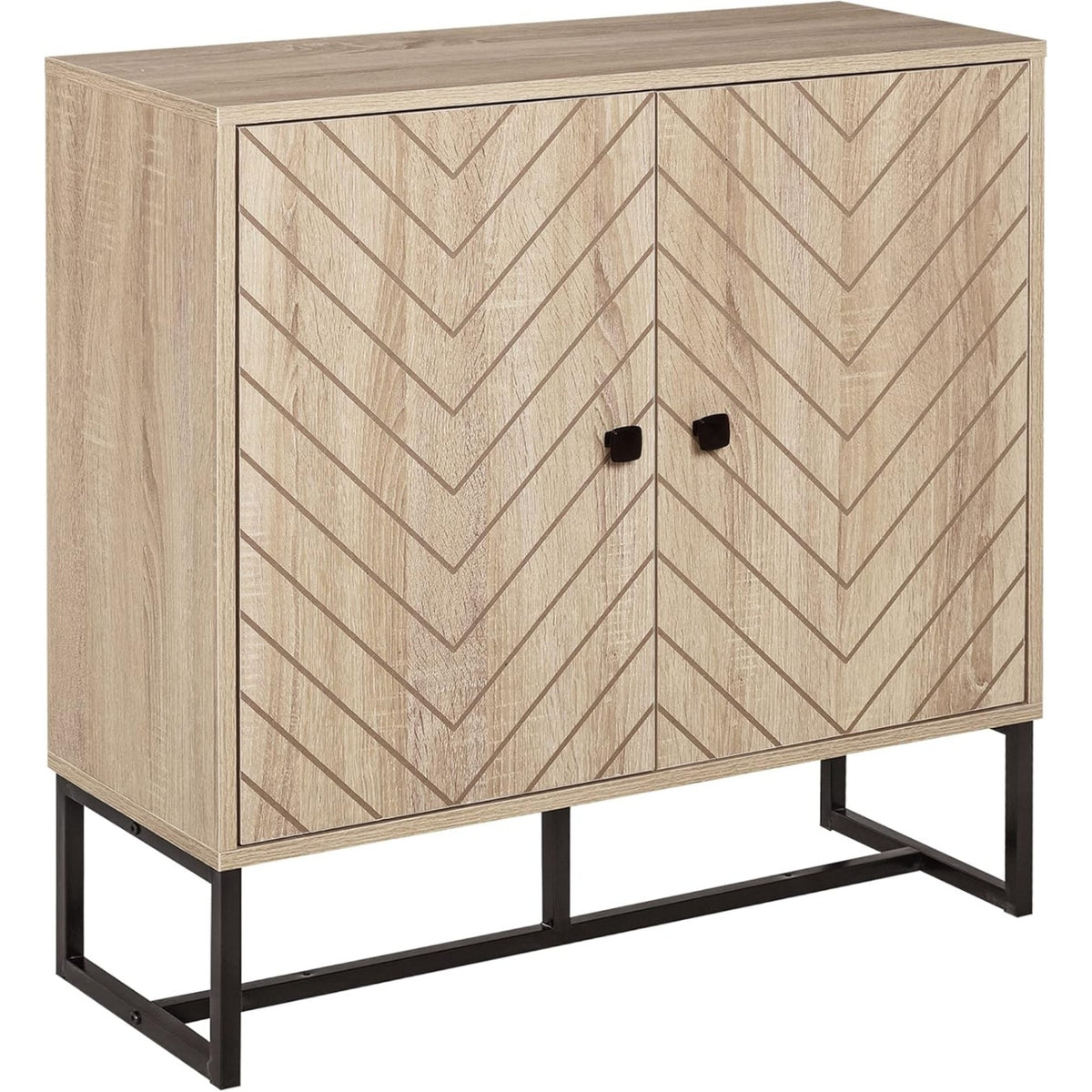 Buffet chêne avec façade chevron, 2 portes, étagère ajustable et pieds en métal, meuble de rangement pour salle à manger ou salon