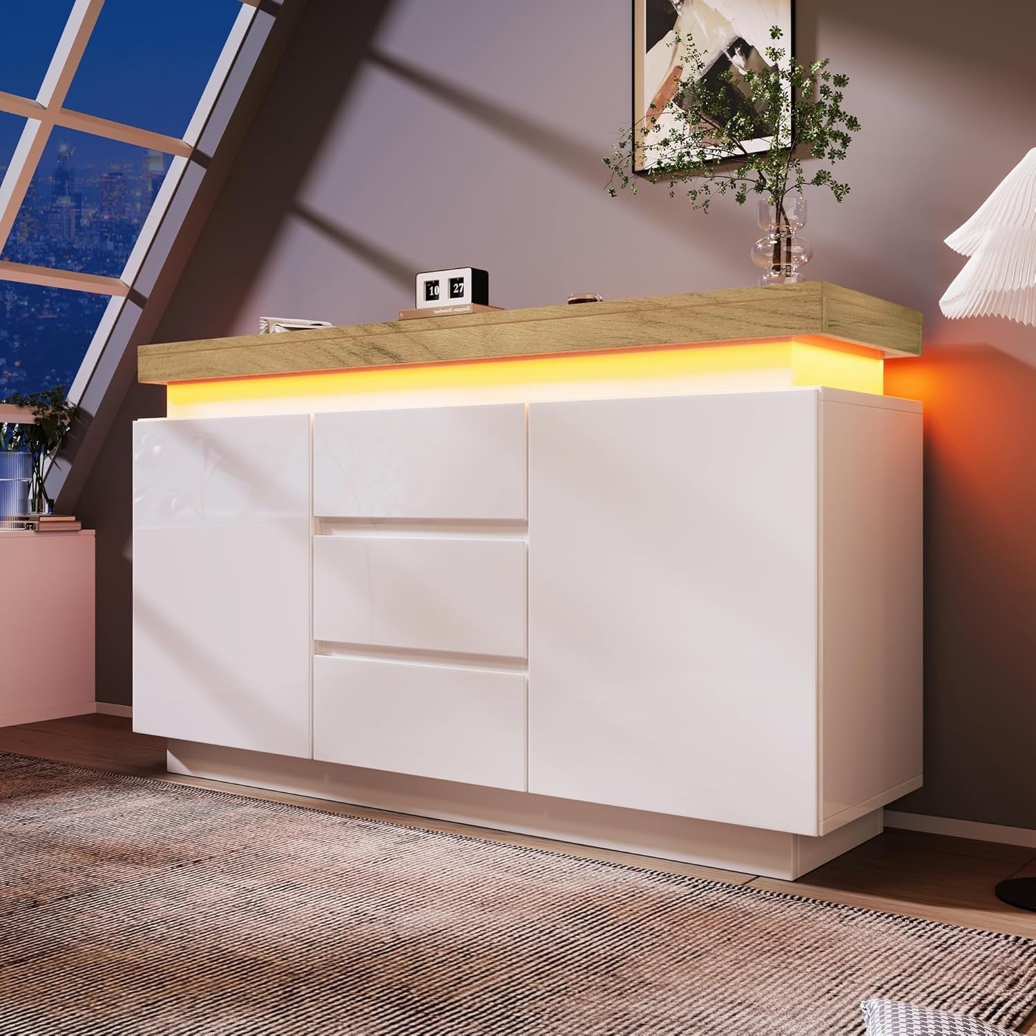 Commode brillante avec deux portes, trois tiroirs et éclairage LED contrôlable par application
