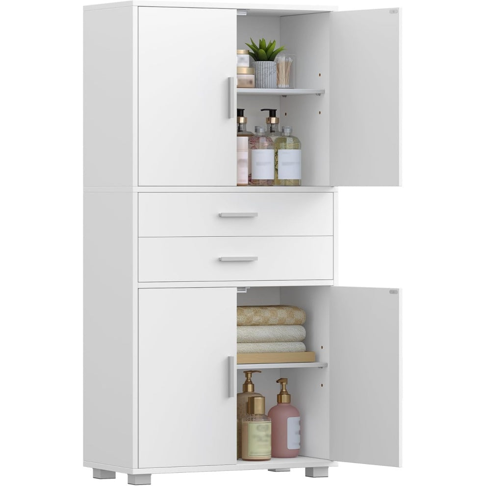 Armoire haute de salle de bain avec 4 tiroirs, 2 portes et étagère réglable, meuble de rangement 30 x 60 x 125,5 cm, blanc