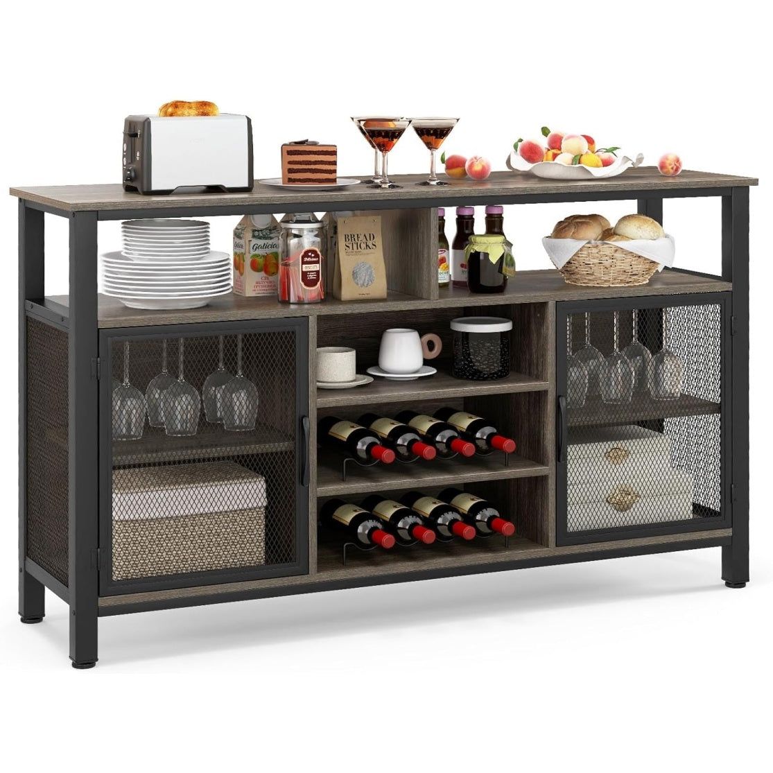 Buffet de cuisine avec porte-verres intégré, range-bouteilles pour huit bouteilles et deux placards de rangement