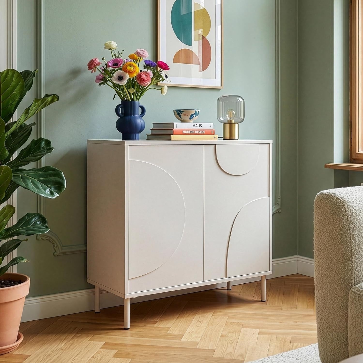 Buffet compact avec deux portes a ouverture Push to Open et etagere integree, meuble moderne 75 x 70 x 34 cm, beige
